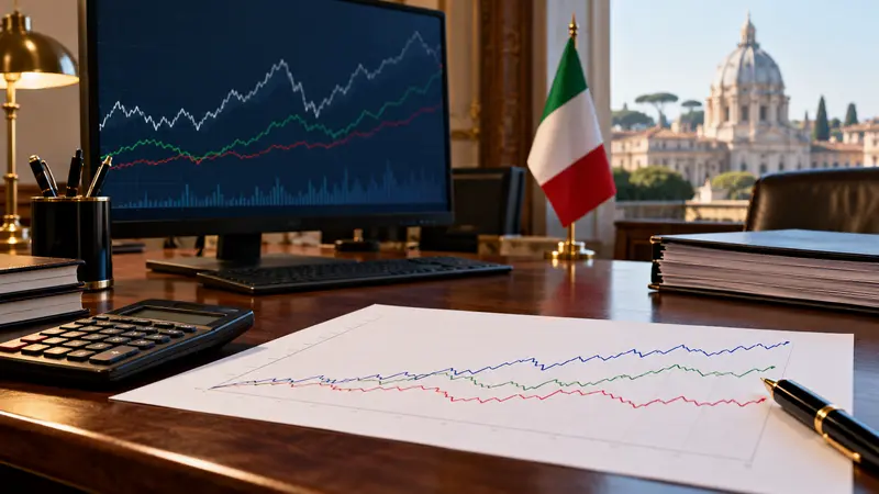 Illustrazione editoriale IA di un tavolo finanziario italiano con documenti obbligazionari e grafici generici.