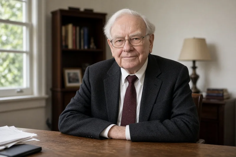 Scena editoriale contestuale generata con IA: Warren Buffett riconoscibile a una scrivania; somiglianza sintetica, non una fotografia documentaria.