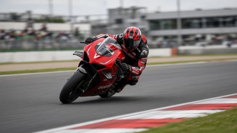Moto Superbike rossa in piega in pista; illustrazione editoriale IA non documentaria.