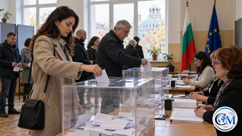 Illustrazione editoriale IA ultrarealistica di elettori in un seggio di Sofia; non è una fotografia del voto odierno.