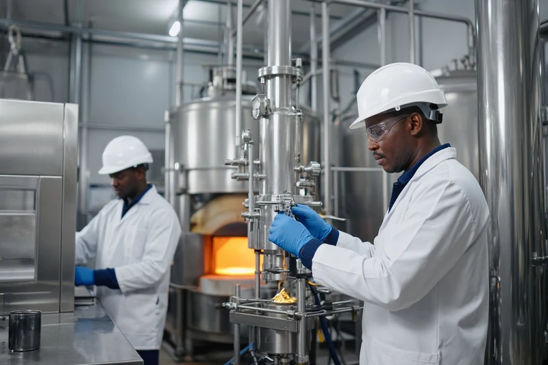 Impianto industriale di raffinazione metalli con operatori in camice; illustrazione editoriale IA non documentaria.
