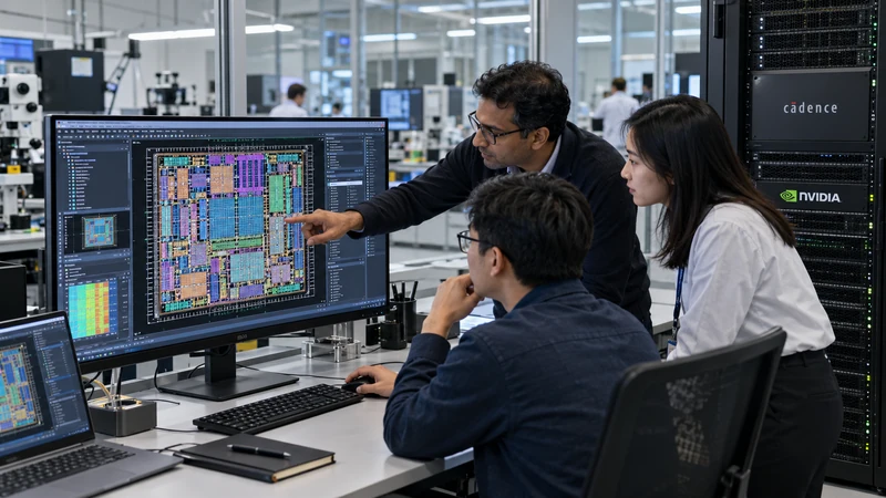 Illustrazione editoriale IA di ingegneri che usano modelli specializzati per progettare un chip in un laboratorio Cadence; scena non documentaria.