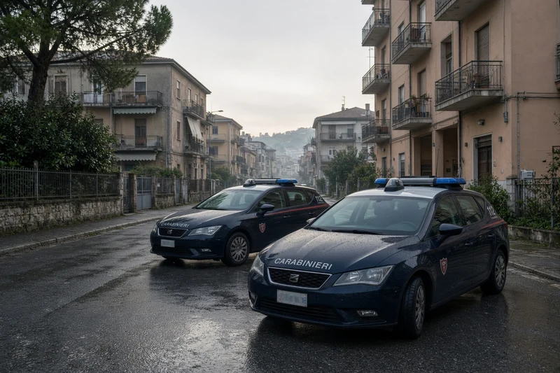 Scena editoriale neutrale generata con IA: auto dei Carabinieri con scritte CARABINIERI e 112 in una via residenziale all’alba, senza persone arrestate visibili; non è una fotografia documentaria.