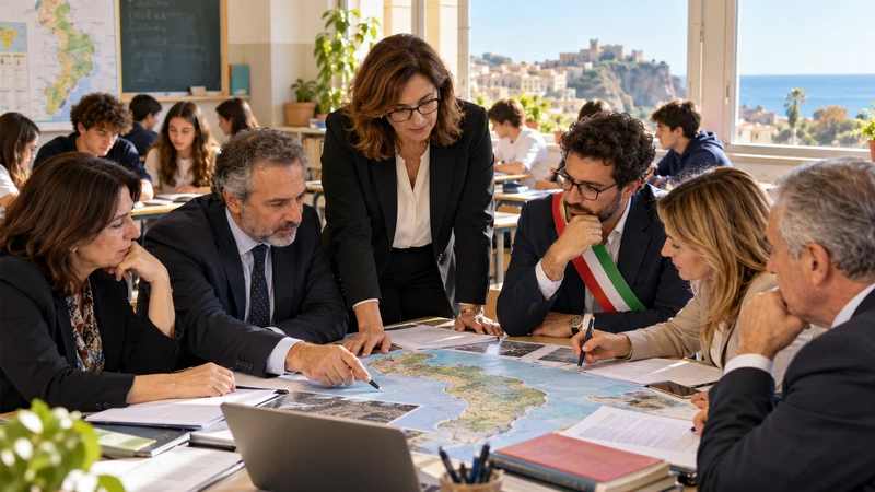 Illustrazione editoriale IA di rappresentanti scolastici e locali riuniti in una scuola calabrese; scena non documentaria.