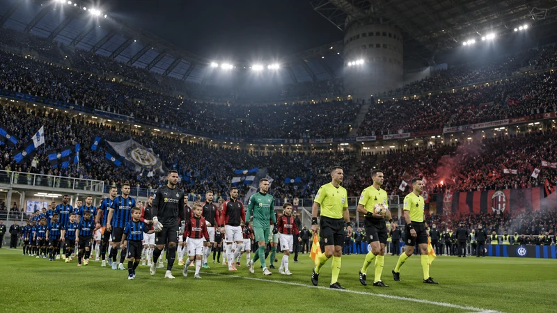 Illustrazione editoriale IA di squadre che entrano in campo per un derby serale a Milano.