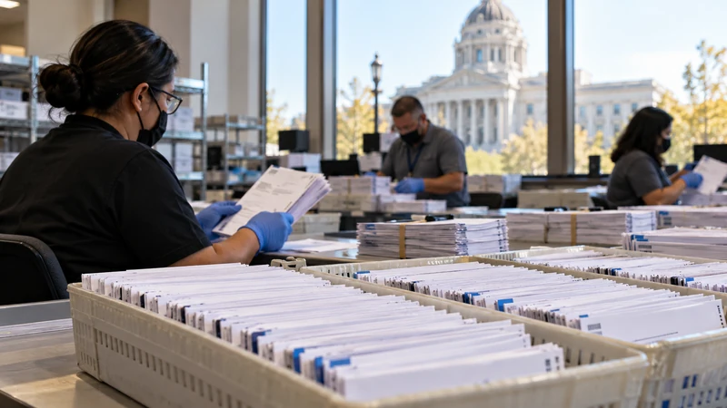 Funzionari elettorali lavorano tra contenitori di schede postali in California