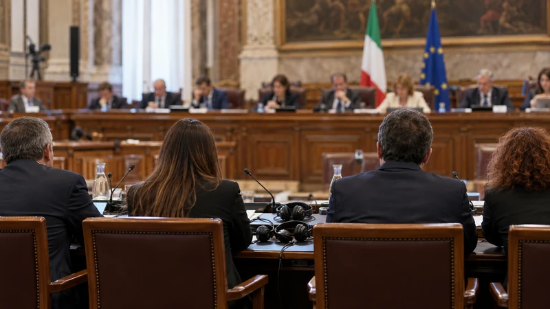 Rappresentanti sindacali in audizione parlamentare sui call center; illustrazione editoriale IA non documentaria.