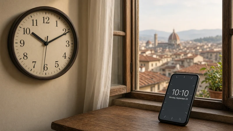 Illustrazione editoriale IA di orologio e smartphone vicino a una finestra; scena non documentaria.