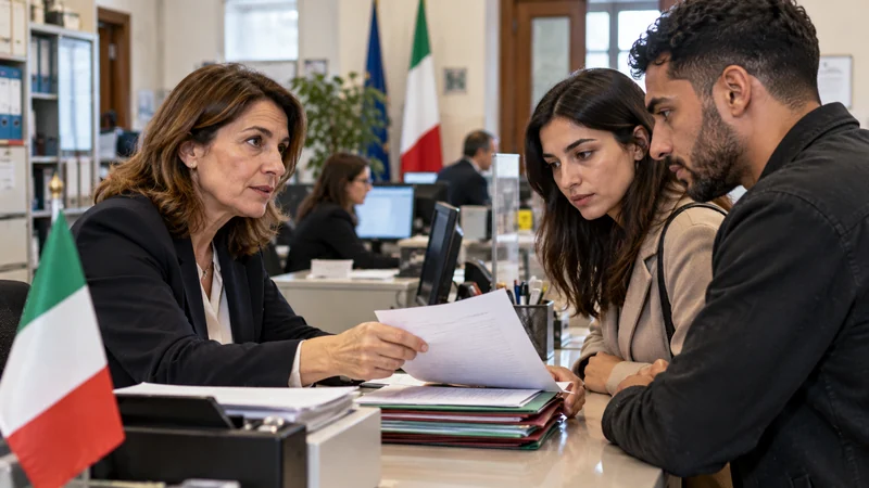 Illustrazione editoriale IA di un colloquio allo sportello di un ufficio pubblico italiano per pratiche di cittadinanza.