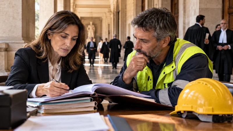 Illustrazione editoriale IA di un’avvocata che consulta documenti con un lavoratore davanti a un tribunale, senza ricostruzioni di incidenti.