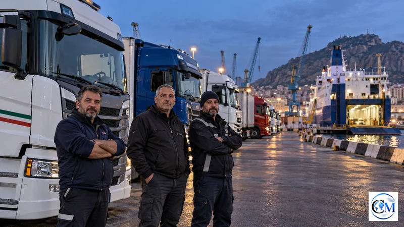 Colonna di camion fermi in un’area logistica italiana al tramonto