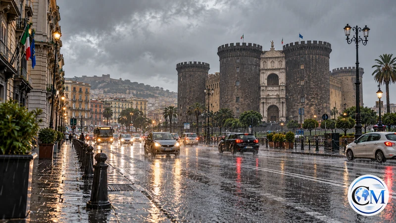 Illustrazione editoriale IA ultrarealistica di pioggia su una strada di Napoli; non rappresenta un episodio specifico né una mappa di allerta.