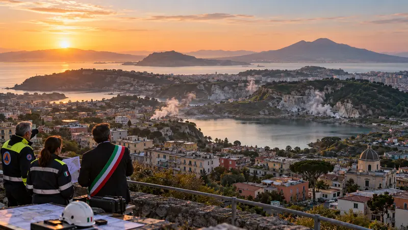Illustrazione editoriale IA del paesaggio di Pozzuoli e di edifici residenziali integri; non documenta danni o un’eruzione.