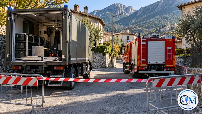 Ricostruzione editoriale IA ultrarealistica di una strada di Campoli Appennino durante la bonifica, senza ordigni o persone visibili; non è una fotografia dell'intervento.