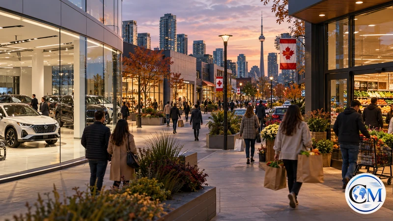 Illustrazione editoriale IA di un distretto commerciale canadese con auto e beni di consumo; non documenta un luogo specifico.