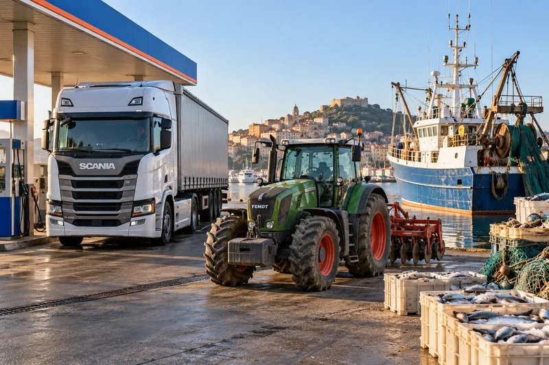 Autocarro, trattore agricolo e peschereccio presso un distributore portuale italiano, illustrazione editoriale IA.
