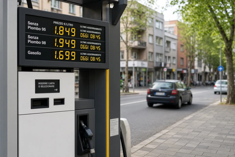 Colonnina carburanti su strada urbana; illustrazione editoriale IA non documentaria.