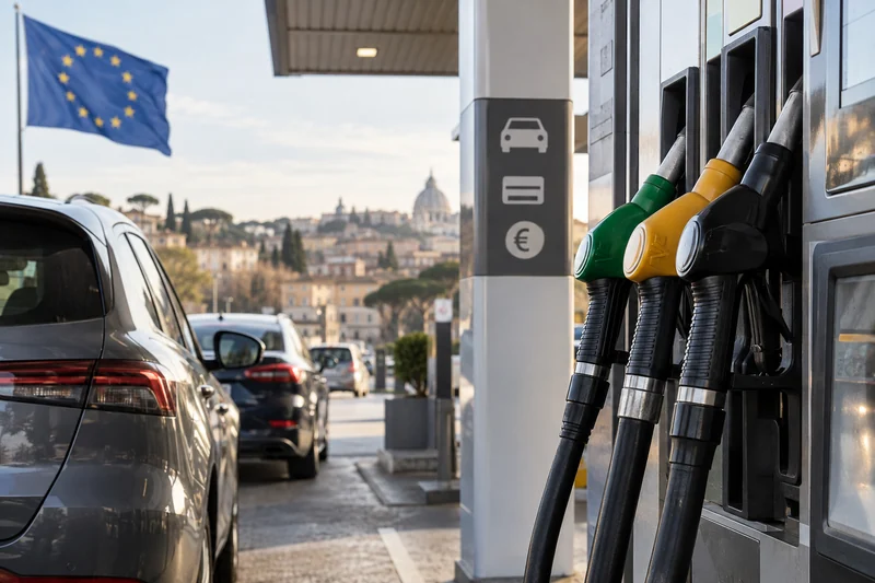 Illustrazione editoriale generata con IA di una stazione di servizio in Italia con automobili e pompe di carburante; non è una fotografia documentaria.