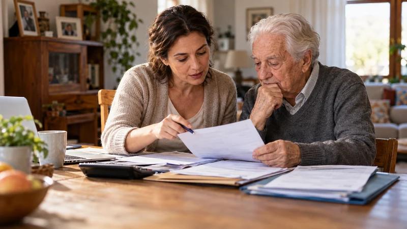 Illustrazione editoriale IA rispettosa di una caregiver che assiste un familiare anziano; scena non documentaria.