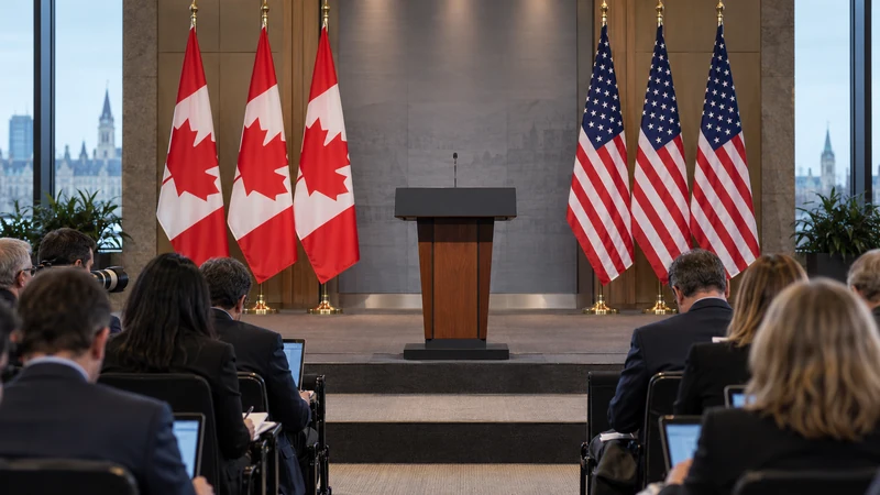 Illustrazione editoriale IA di una sala stampa con bandiere di Canada e Stati Uniti; scena non documentaria.