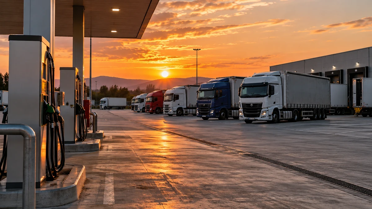 Illustrazione editoriale IA di camion fermi in un deposito logistico italiano.