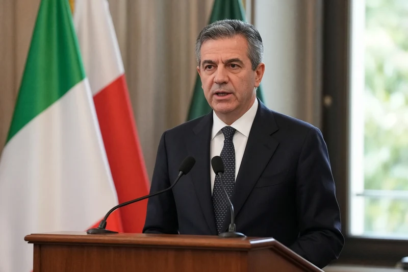 Illustrazione editoriale generata con IA: Francesco Lollobrigida al podio di una conferenza stampa ministeriale a Roma, bandiere italiane sullo sfondo; non è una fotografia documentaria.
