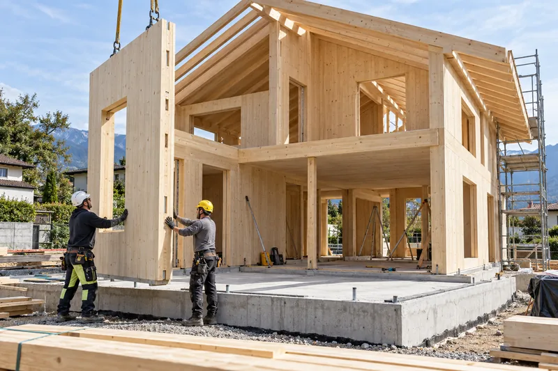 Casa contemporanea in legno durante il montaggio con carpentieri e dettagli strutturali; illustrazione editoriale IA non documentaria.