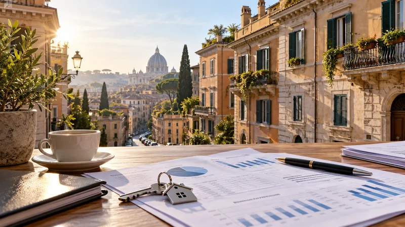 Scena editoriale IA con edifici residenziali italiani, chiavi di casa e documenti statistici sul mercato immobiliare.