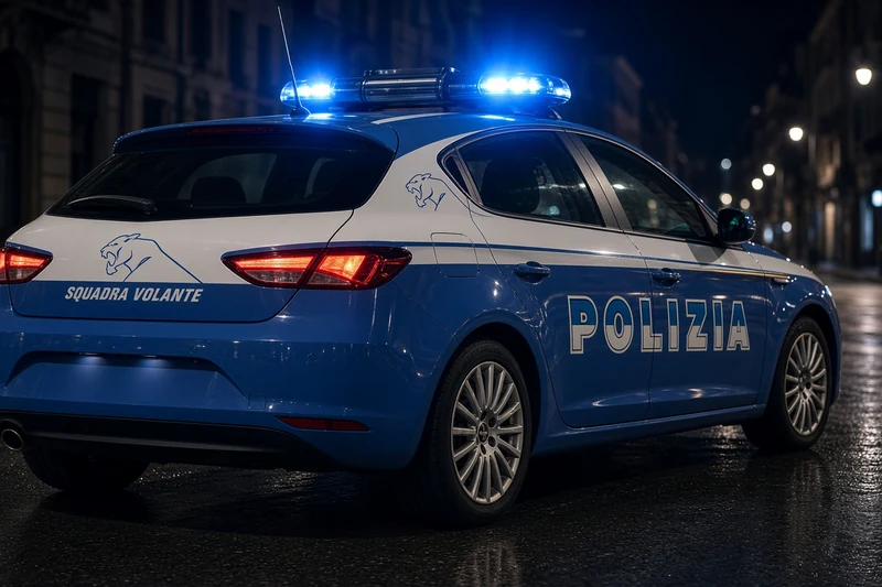 Illustrazione editoriale IA di auto Squadra Volanti Polizia di notte su strada vuota, senza targa; scena non documentaria.