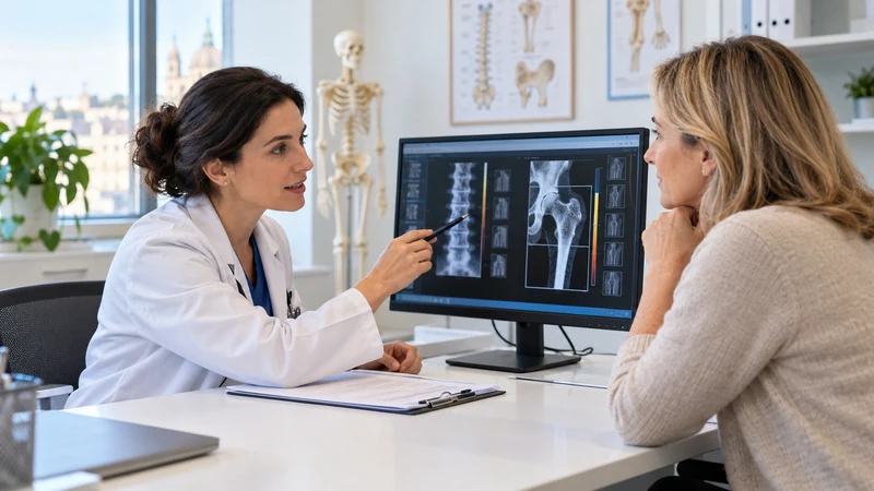 Medica che spiega un esame della densità ossea a una paziente adulta; illustrazione editoriale IA, non documentaria.