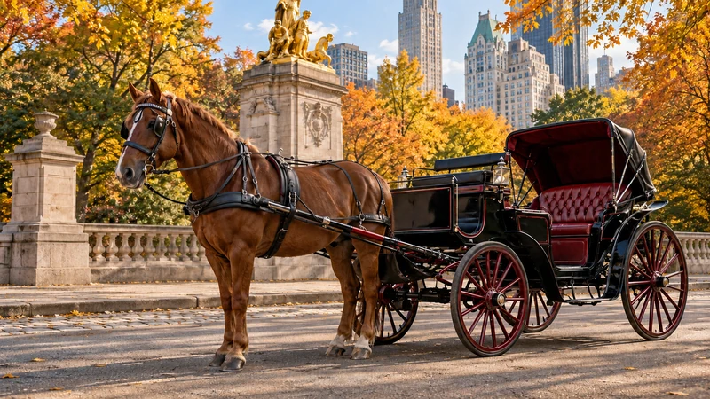 Illustrazione editoriale IA sobria di una carrozza tradizionale e un cavallo fermo all’ingresso di Central Park; non documenta incidenti o il voto comunale.
