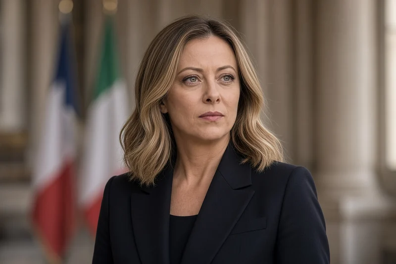 Scena editoriale contestuale generata con IA: Giorgia Meloni in abito scuro in un interno istituzionale italiano; somiglianza sintetica, non una fotografia documentaria.