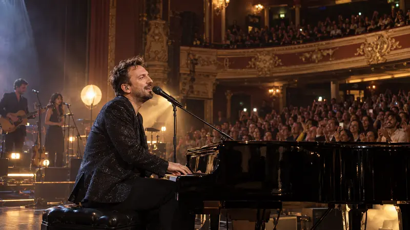 Cesare Cremonini al pianoforte durante il concerto di presentazione a Londra