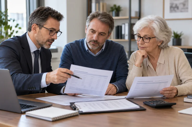 Dipendente e pensionata esaminano con un consulente i documenti della cessione del quinto.