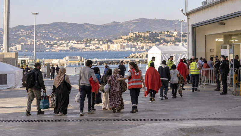 Illustrazione editoriale IA di un centro di accoglienza a Ceuta con operatori e famiglie trattate con dignità.