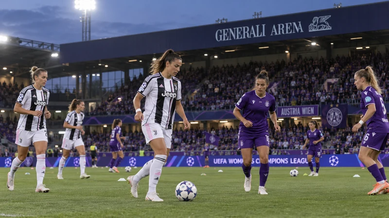 Juventus Women in una partita europea sotto i riflettori, illustrazione editoriale generata con IA