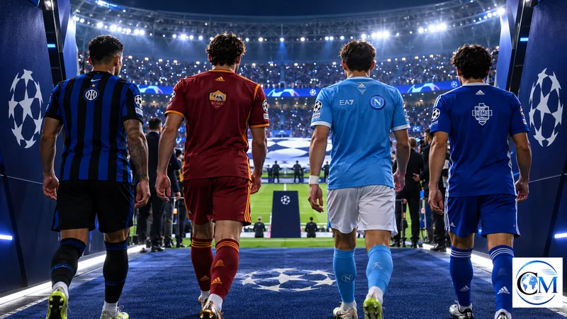 Giocatori di Inter, Roma, Napoli e Como nel tunnel di uno stadio di Champions League, illustrazione editoriale IA