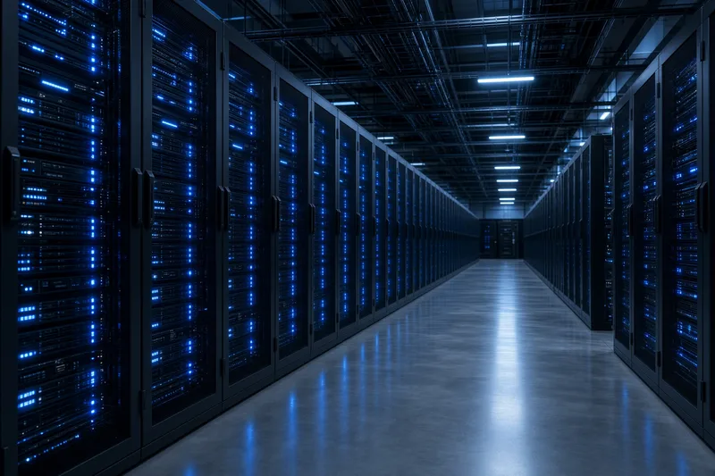 Corridoio di un data center con rack server illuminati di blu; illustrazione editoriale IA non documentaria.