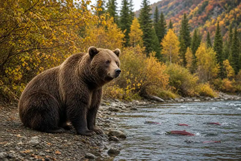 Orso bruno grasso sul fiume in autunno in Alaska; illustrazione editoriale IA non documentaria.