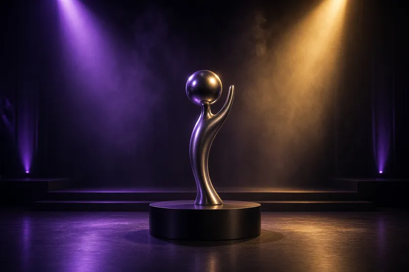 Statuetta Moon Person su palco illuminato di viola e oro; illustrazione editoriale IA non documentaria.