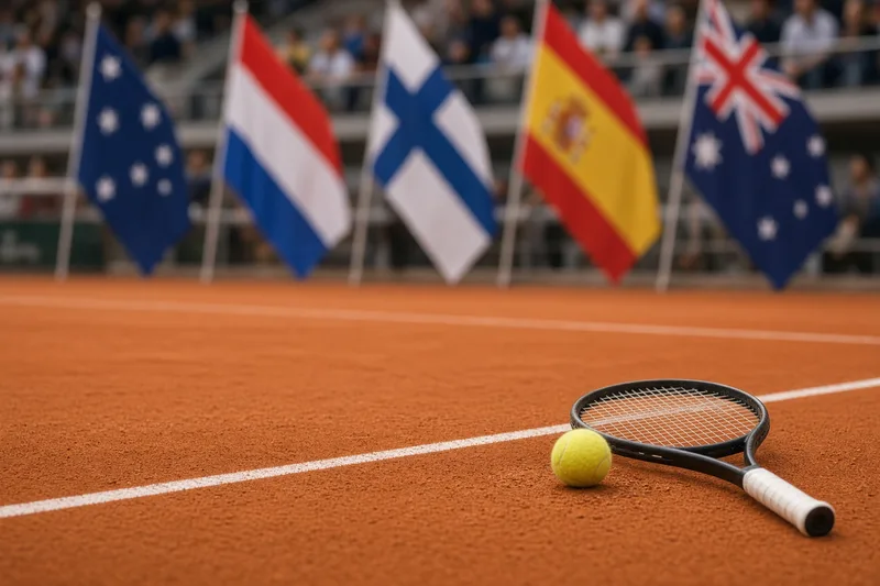 Campo da tennis in terra rossa con racchetta e bandiere nazionali sfocate; illustrazione editoriale IA non documentaria.