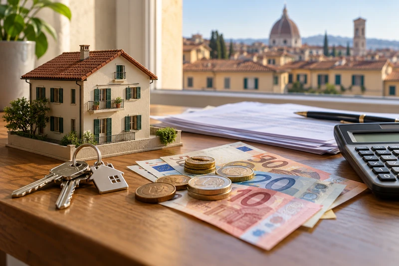 Illustrazione editoriale IA non documentaria di un modellino di casa, chiavi, euro e calcolatrice su una scrivania per rappresentare mutui ed Euribor.