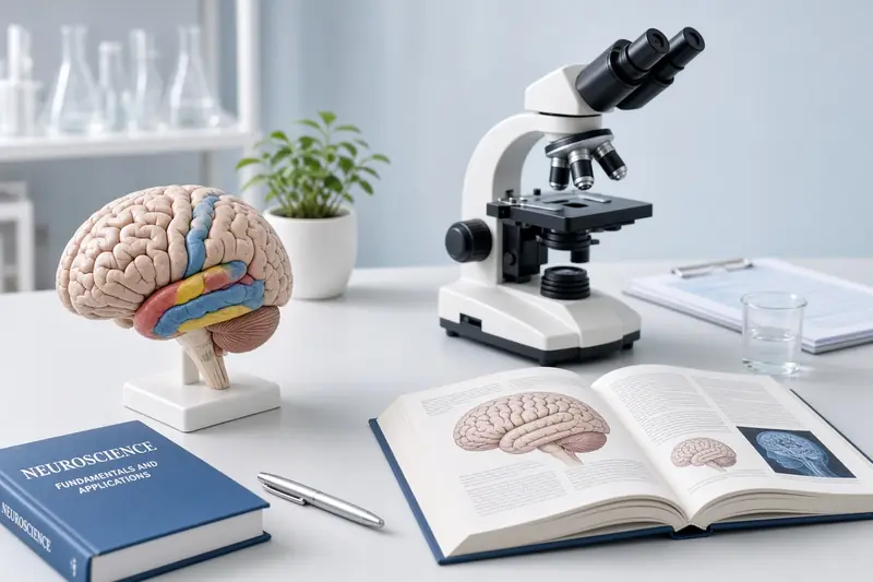 Banco di laboratorio con modello anatomico e microscopio; illustrazione editoriale IA non documentaria.