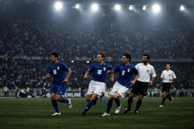 Azione di gioco in maglia azzurra in stadio; illustrazione editoriale IA non documentaria.