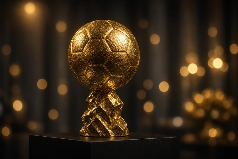 Trofeo dorato a forma di pallone su piedistallo nero; illustrazione editoriale IA non documentaria.