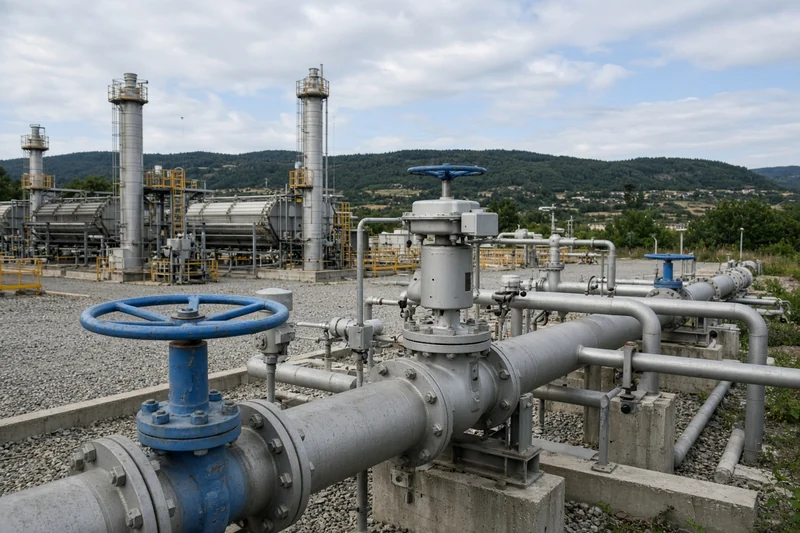 Impianto energetico con tubazioni e valvole del gas; illustrazione editoriale IA non documentaria.