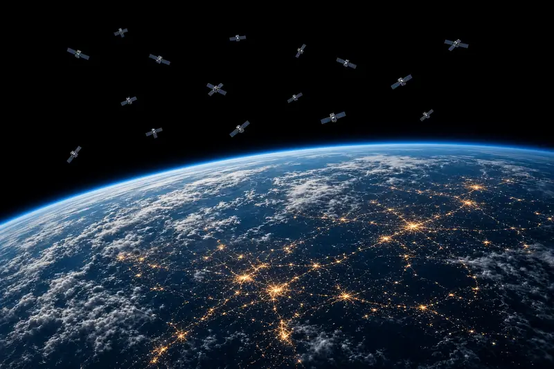 Satelliti in orbita bassa sopra la Terra di notte; illustrazione editoriale IA non documentaria.
