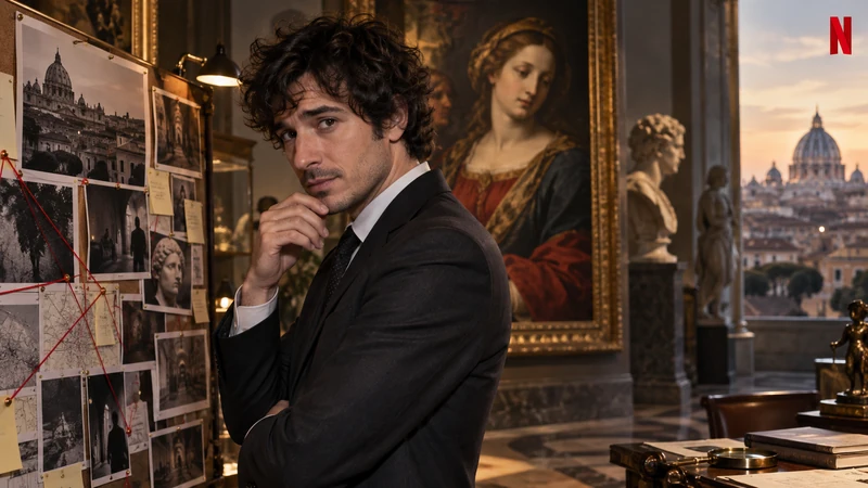 Illustrazione editoriale IA ultrarealistica con somiglianza sintetica di Pierpaolo Spollon in una galleria d'arte romana; non è una fotografia documentaria.