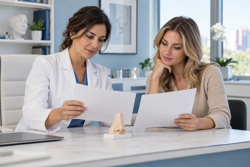 Medica e donna adulta confrontano documenti durante un colloquio, con un modello anatomico del naso; illustrazione editoriale IA non documentaria.