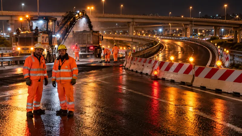 Operai al lavoro di notte su una rampa autostradale temporaneamente chiusa